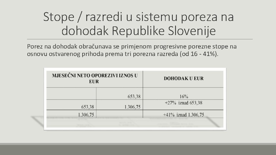 Stope / razredi u sistemu poreza na dohodak Republike Slovenije Porez na dohodak obračunava