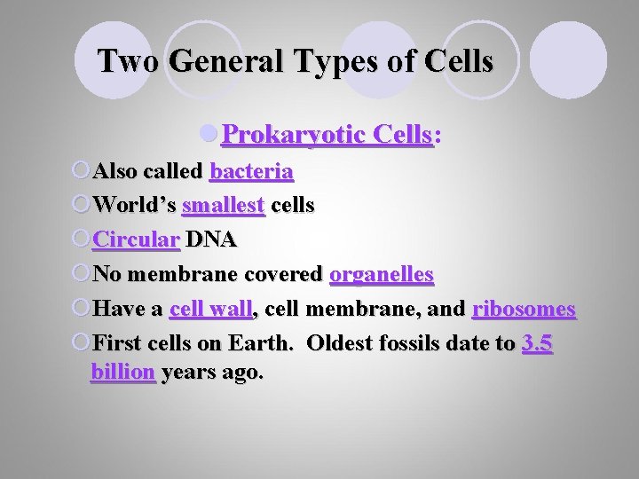 Two General Types of Cells l Prokaryotic Cells: Cells ¡Also called bacteria ¡World’s smallest