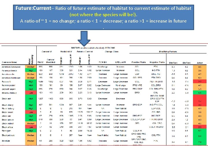 Future: Current– Ratio of future estimate of habitat to current estimate of habitat (not