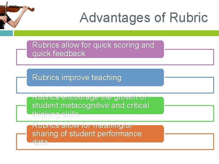 Advantages of Rubrics allow for quick scoring and quick feedback Rubrics improve teaching Rubrics