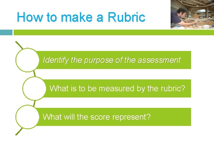 How to make a Rubric Identify the purpose of the assessment What is to