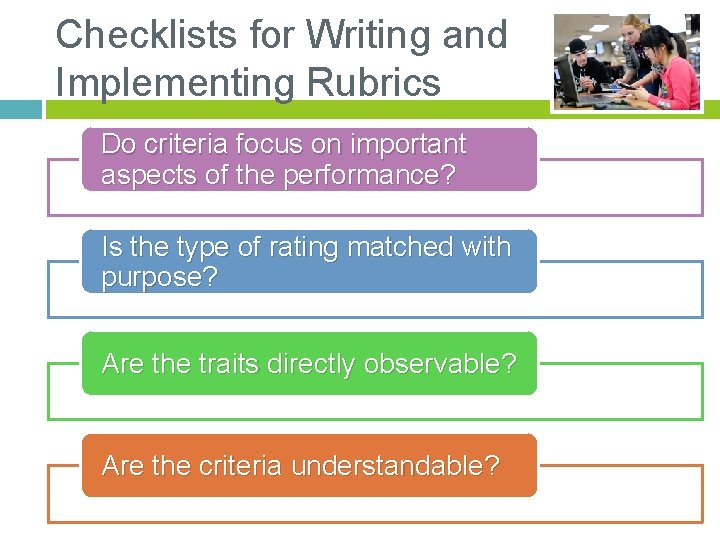 Checklists for Writing and Implementing Rubrics Do criteria focus on important aspects of the