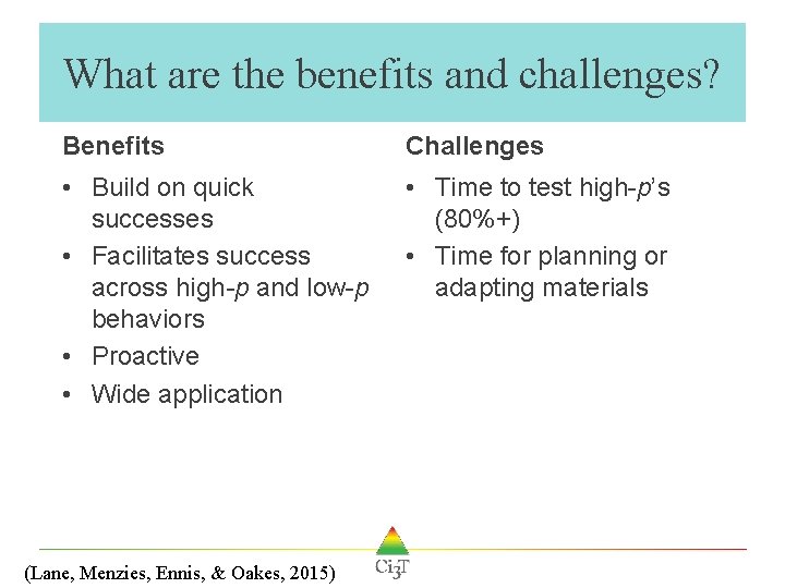 What are the benefits and challenges? Benefits Challenges • Build on quick successes •