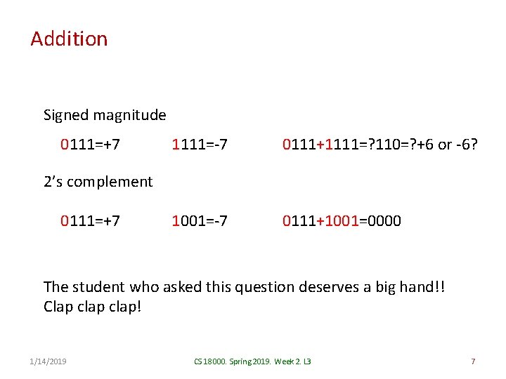 Addition Signed magnitude 0111=+7 1111=-7 0111+1111=? 110=? +6 or -6? 1001=-7 0111+1001=0000 2’s complement