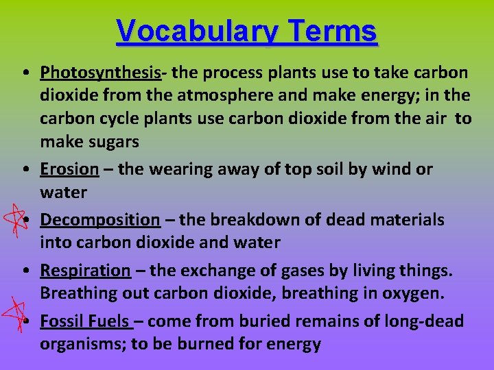 Vocabulary Terms • Photosynthesis- the process plants use to take carbon dioxide from the