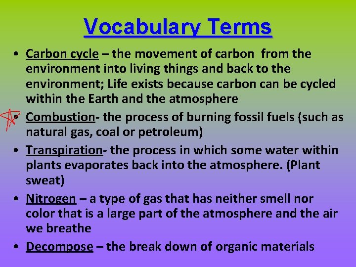 Vocabulary Terms • Carbon cycle – the movement of carbon from the environment into