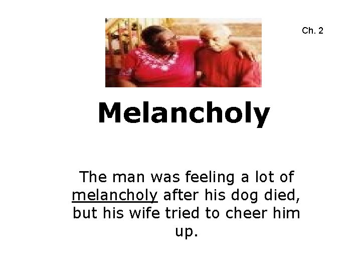 Ch. 2 Melancholy The man was feeling a lot of melancholy after his dog