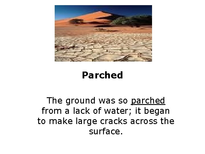 Parched The ground was so parched from a lack of water; it began to