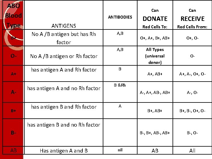 Blood grouping Blood Types There are 4 main