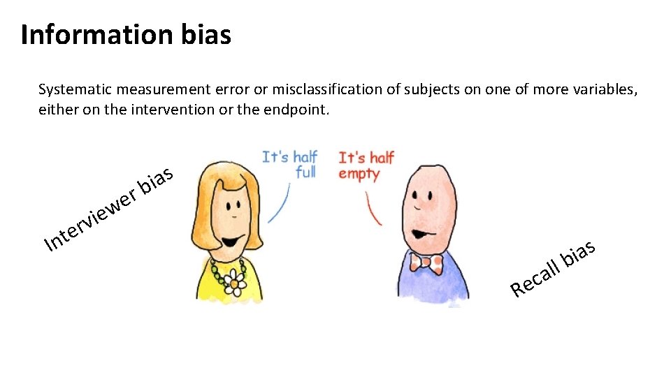 Information bias Systematic measurement error or misclassification of subjects on one of more variables,