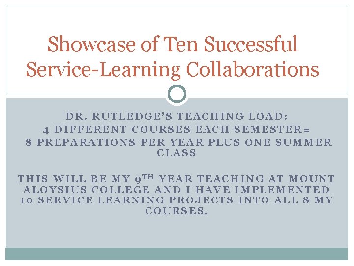 Showcase of Ten Successful Service-Learning Collaborations DR. RUTLEDGE’S TEACHING LOAD: 4 DIFFERENT COURSES EACH