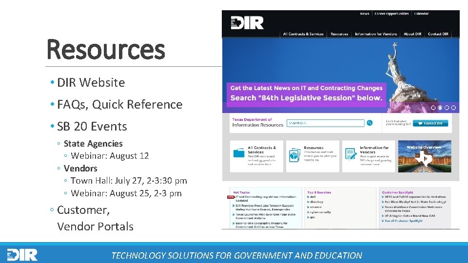 Resources • DIR Website • FAQs, Quick Reference • SB 20 Events ◦ State