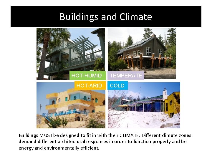 Buildings and Climate HOT-HUMID HOT-ARID TEMPERATE COLD Buildings MUST be designed to fit in