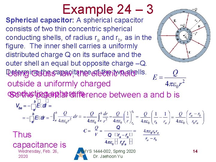 Example 24 – 3 Spherical capacitor: A spherical capacitor consists of two thin concentric