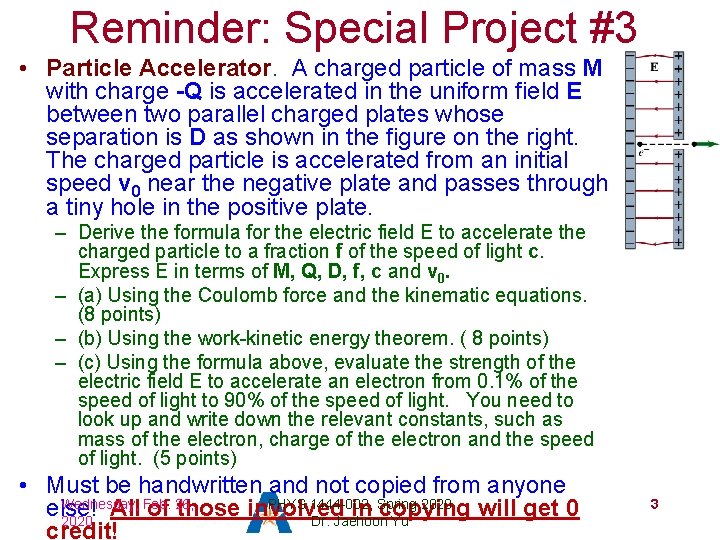 Reminder: Special Project #3 • Particle Accelerator. A charged particle of mass M with