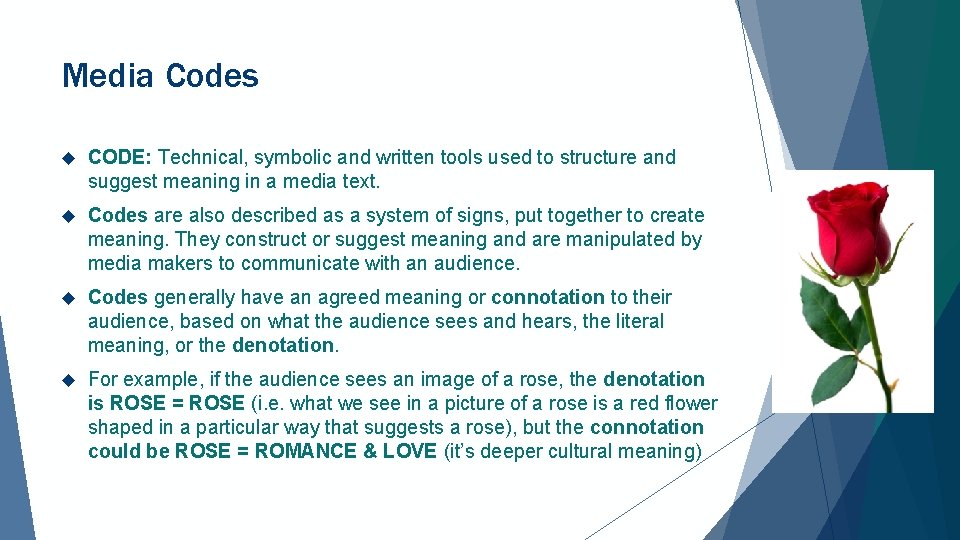 Media Codes CODE: Technical, symbolic and written tools used to structure and suggest meaning