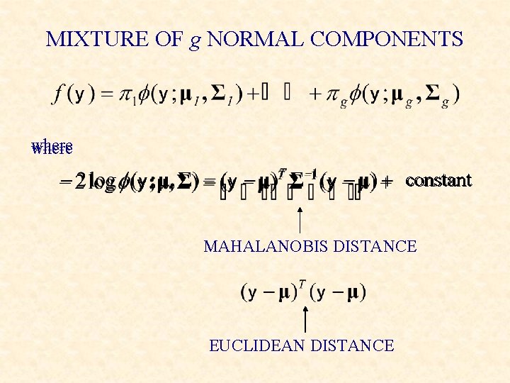 MIXTURE OF g NORMAL COMPONENTS where constant MAHALANOBIS DISTANCE EUCLIDEAN DISTANCE 