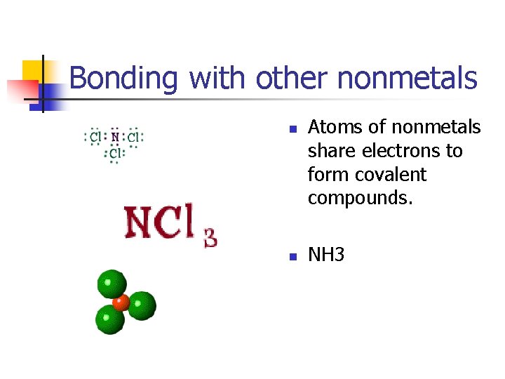 Bonding with other nonmetals n n Atoms of nonmetals share electrons to form covalent