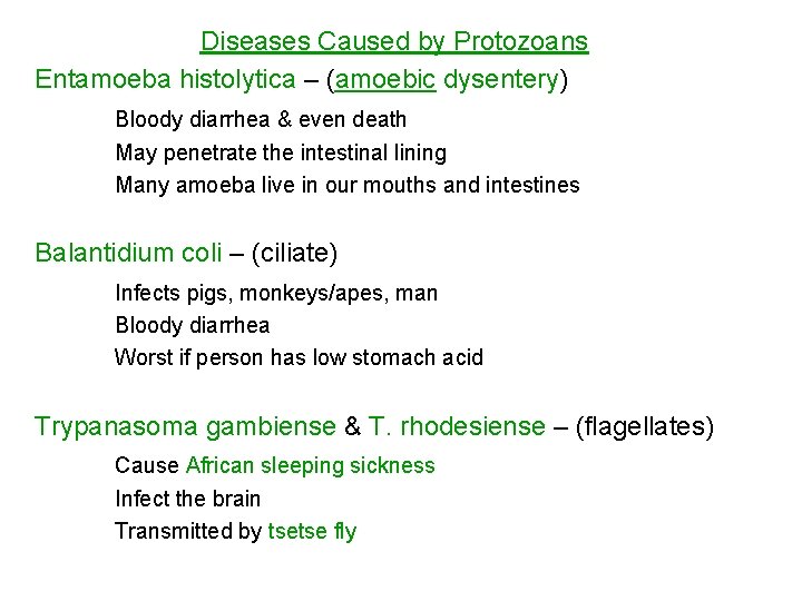 Diseases Caused by Protozoans Entamoeba histolytica – (amoebic dysentery) Bloody diarrhea & even death