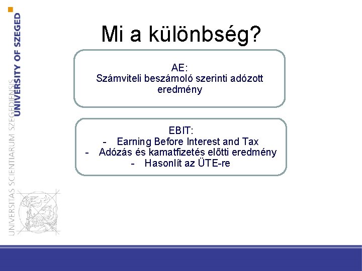 Mi a különbség? AE: Számviteli beszámoló szerinti adózott eredmény - EBIT: - Earning Before