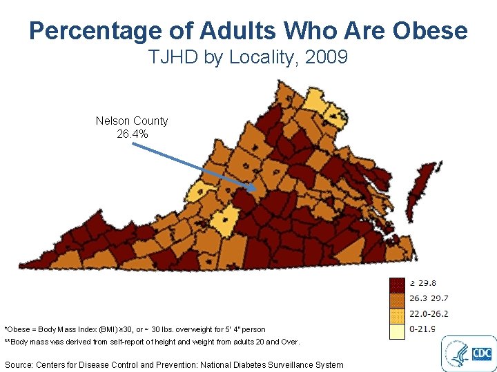 Percentage of Adults Who Are Obese TJHD by Locality, 2009 Nelson County 26. 4%