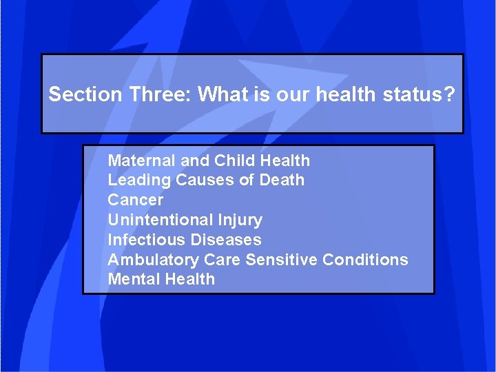 Section Three: What is our health status? Maternal and Child Health Leading Causes of