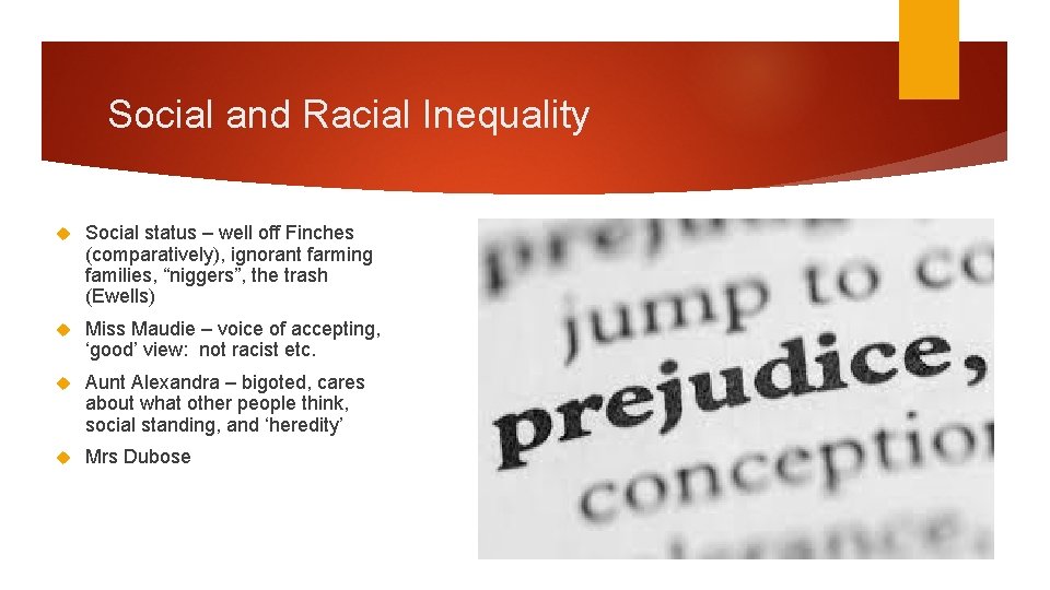 Social and Racial Inequality Social status – well off Finches (comparatively), ignorant farming families,