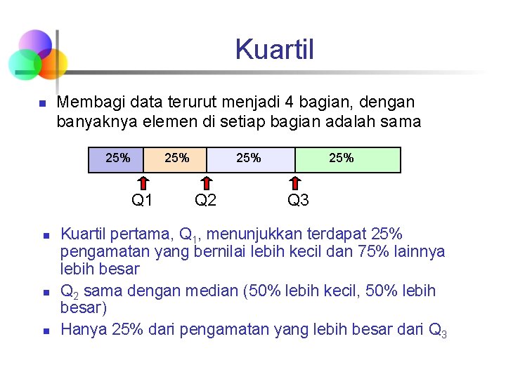 Kuartil n Membagi data terurut menjadi 4 bagian, dengan banyaknya elemen di setiap bagian