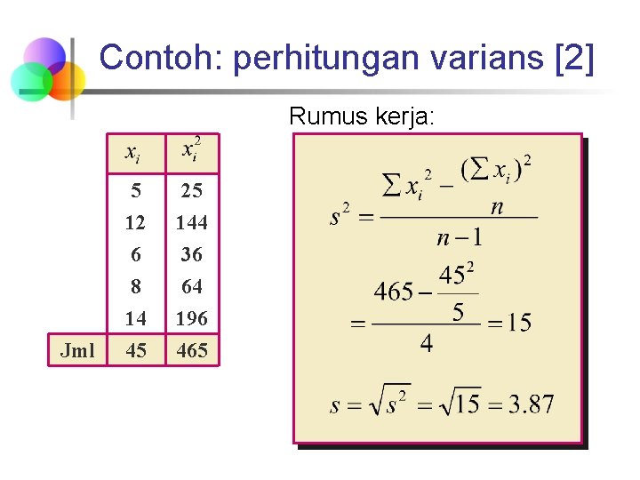 Contoh: perhitungan varians [2] Rumus kerja: Jml 5 12 25 144 6 8 14