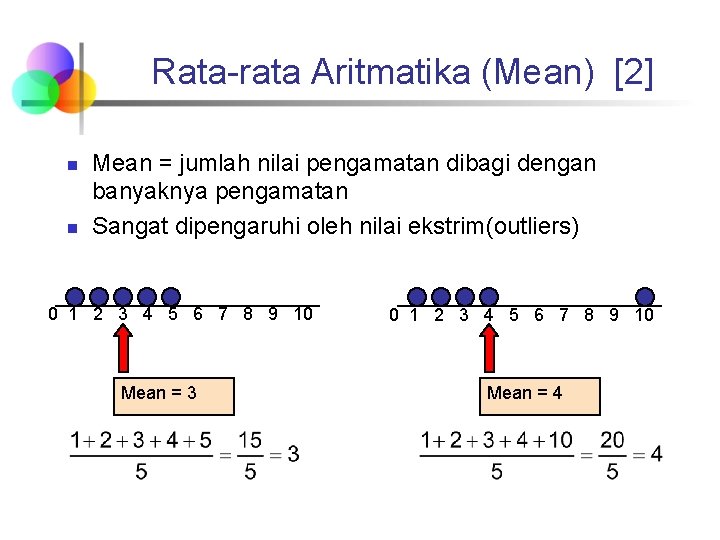 Rata-rata Aritmatika (Mean) [2] n n Mean = jumlah nilai pengamatan dibagi dengan banyaknya