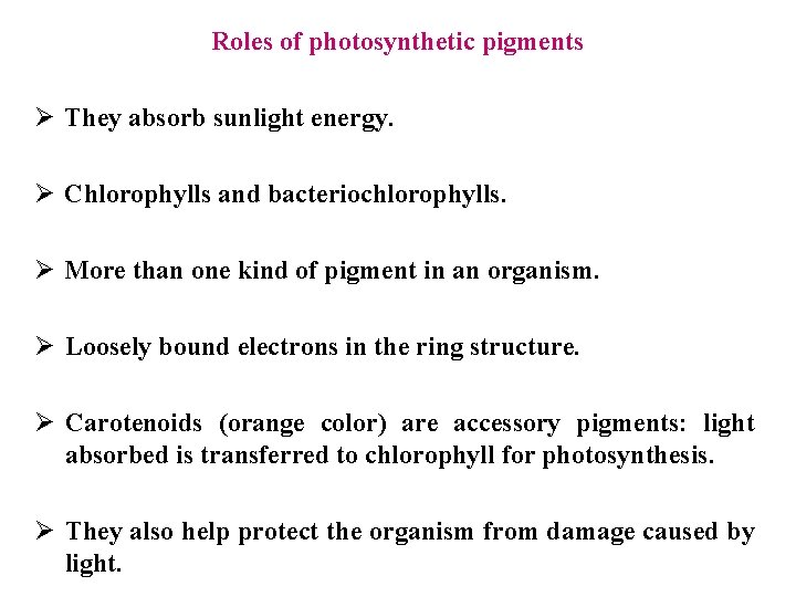 Roles of photosynthetic pigments Ø They absorb sunlight energy. Ø Chlorophylls and bacteriochlorophylls. Ø