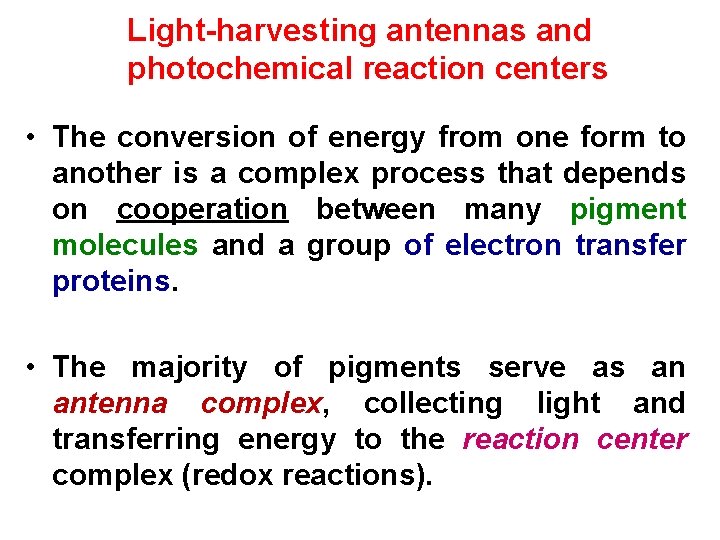 Light-harvesting antennas and photochemical reaction centers • The conversion of energy from one form