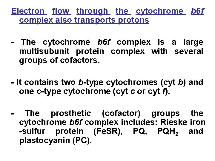 Electron flow through the cytochrome b 6 f complex also transports protons - The