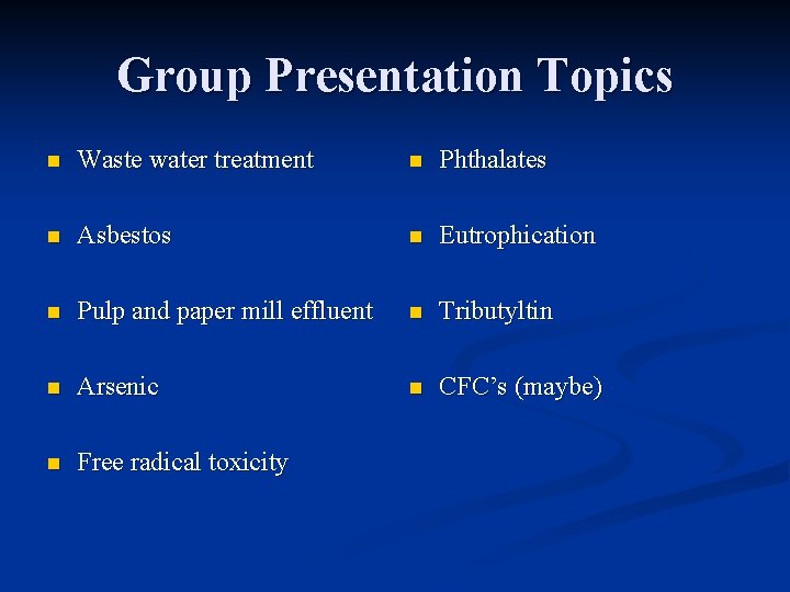 Group Presentation Topics n Waste water treatment n Phthalates n Asbestos n Eutrophication n