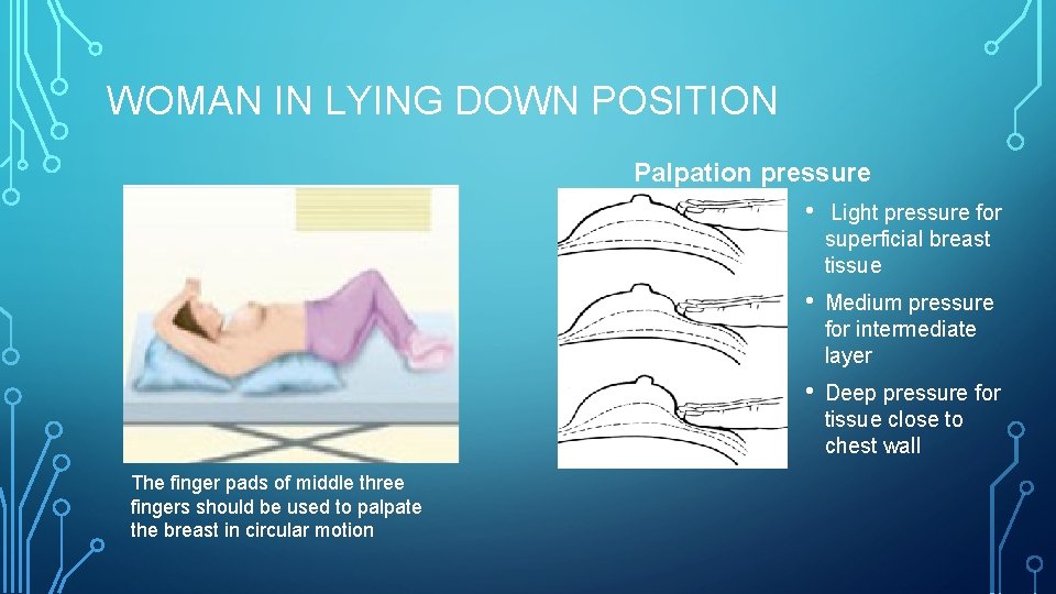 WOMAN IN LYING DOWN POSITION Palpation pressure The finger pads of middle three fingers