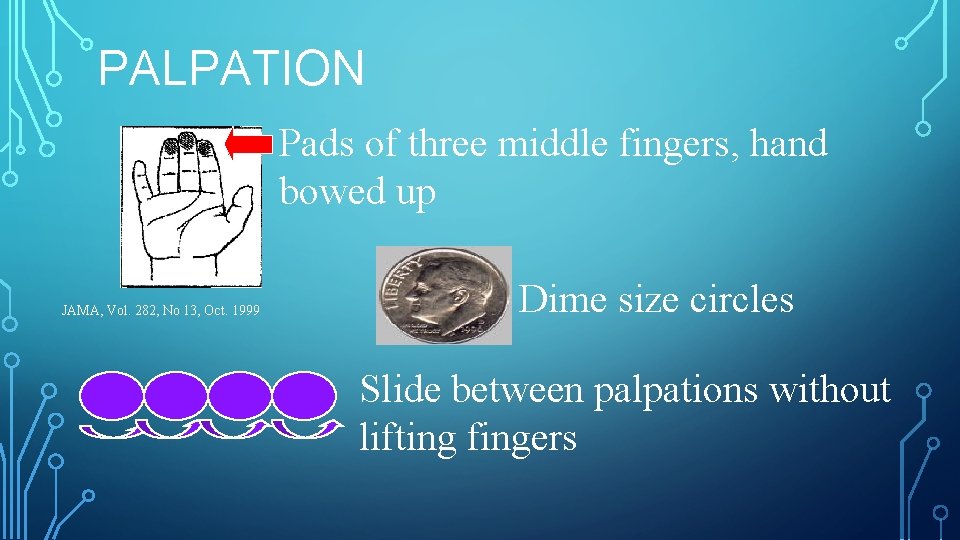 PALPATION Pads of three middle fingers, hand bowed up JAMA, Vol. 282, No 13,