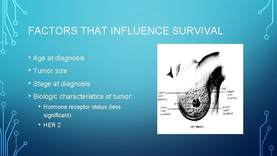 FACTORS THAT INFLUENCE SURVIVAL • Age at diagnosis • Tumor size • Stage at