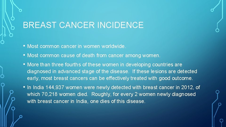 BREAST CANCER INCIDENCE • Most common cancer in women worldwide. • Most common cause