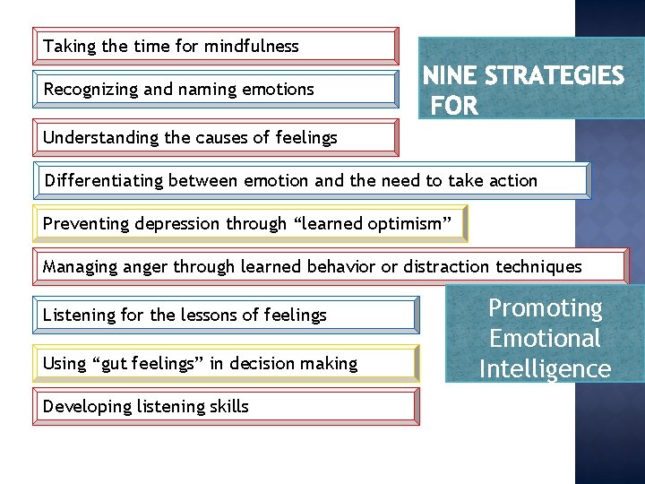 Taking the time for mindfulness Recognizing and naming emotions Understanding the causes of feelings