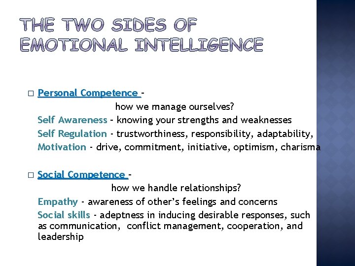 � Personal Competence – how we manage ourselves? Self Awareness – knowing your strengths