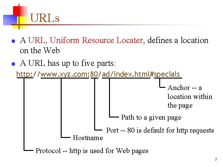 URLs n n A URL, Uniform Resource Locater, defines a location on the Web