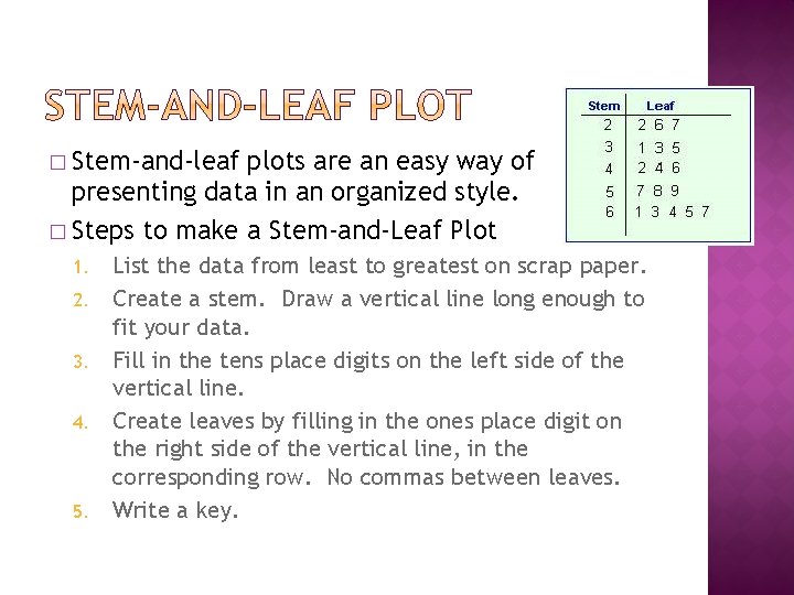 � Stem-and-leaf plots are an easy way of presenting data in an organized style. � Stem-and-leaf plots are an easy way of presenting data in an organized style.