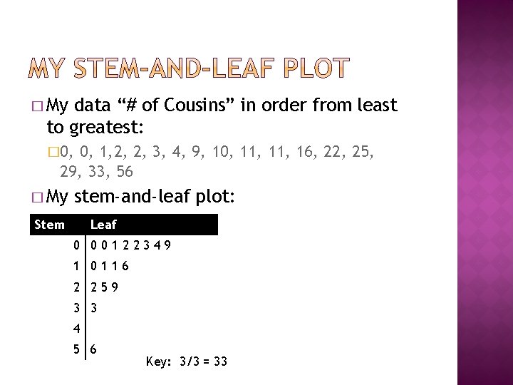 � My data “# of Cousins” in order from least to greatest: � 0, � My data “# of Cousins” in order from least to greatest: � 0,
