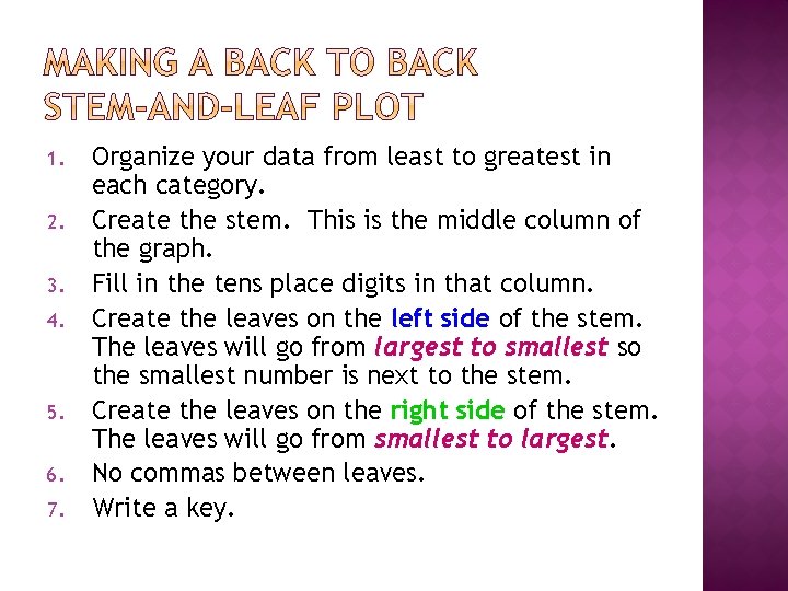 1. 2. 3. 4. 5. 6. 7. Organize your data from least to greatest 1. 2. 3. 4. 5. 6. 7. Organize your data from least to greatest