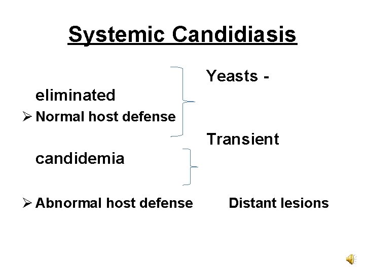 Systemic Candidiasis Yeasts eliminated Ø Normal host defense Transient candidemia Ø Abnormal host defense