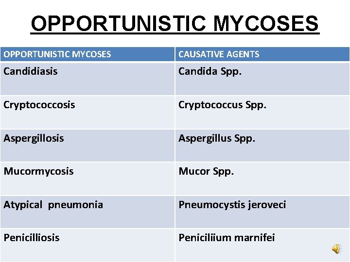 OPPORTUNISTIC MYCOSES CAUSATIVE AGENTS Candidiasis Candida Spp. Cryptococcosis Cryptococcus Spp. Aspergillosis Aspergillus Spp. Mucormycosis
