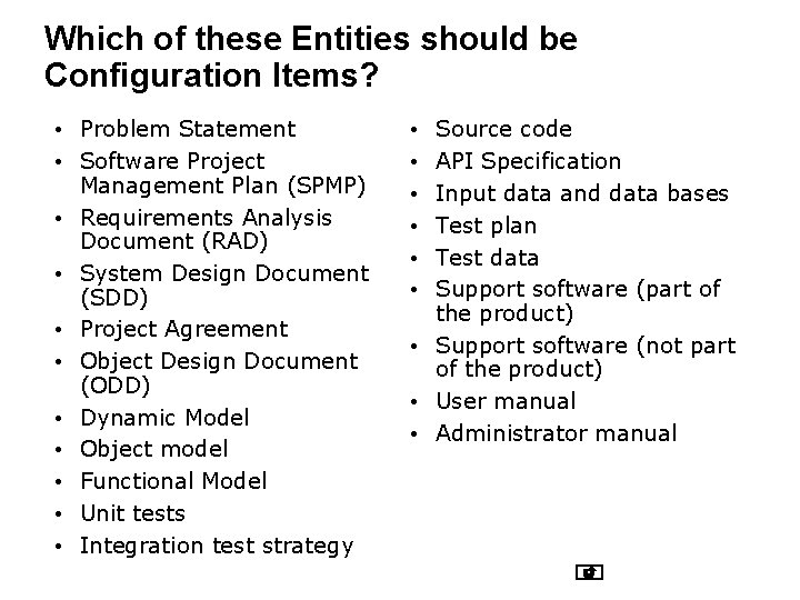 Which of these Entities should be Configuration Items? • Problem Statement • Software Project
