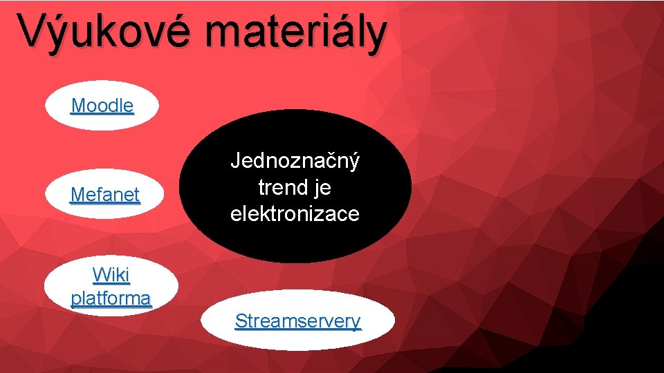 Výukové materiály Moodle Mefanet Jednoznačný trend je elektronizace Wiki platforma Streamservery 