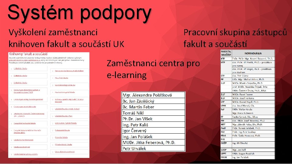 Systém podpory Vyškolení zaměstnanci knihoven fakult a součástí UK Pracovní skupina zástupců fakult a