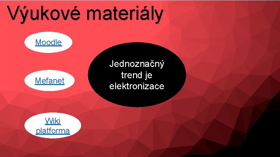 Výukové materiály Moodle Mefanet Wiki platforma Jednoznačný trend je elektronizace 